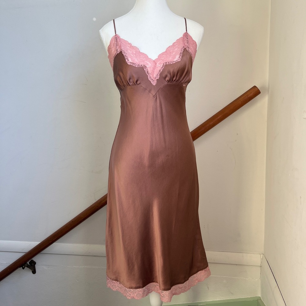Vintage Victoria's Secret 100% Silk Slip Dress Small Mauve Pink Lace Trim Midi